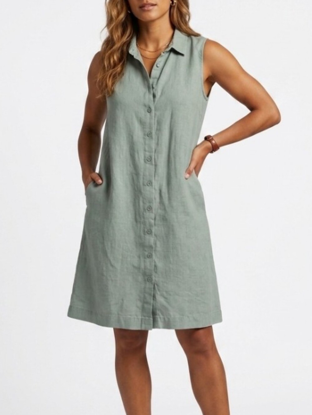 Garnet Hill Sage Classic Linen Shirtdress 10 Collared Button Front Minimalist - Picture 1 of 11
